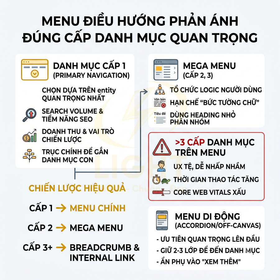 Infographic hướng dẫn cấu trúc menu điều hướng website với danh mục cấp 1, mega menu và menu di động chuẩn SEO